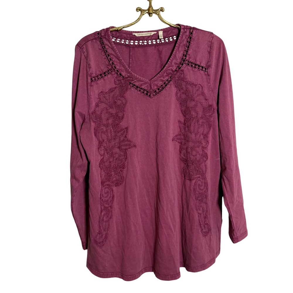 Soft Surroundings Womens L Berry Pink Embroidered  V-Neck Top 2FW33 Long Slv